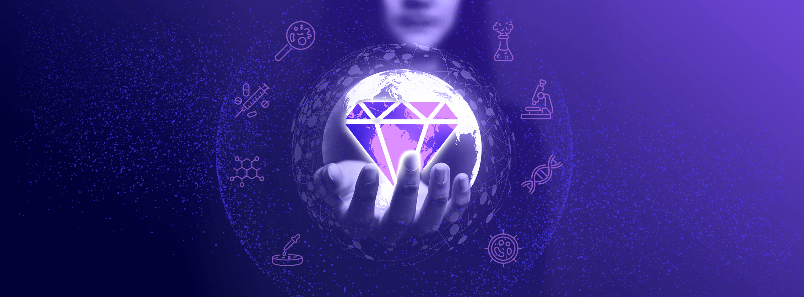 Glowing globe with a purple diamond held in a hand, surrounded by science icons on a purple background.